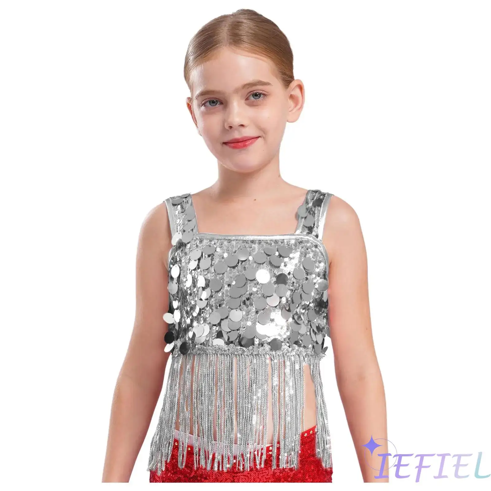 Girls Jazz Set Wide Shoulder Straps Shiny Sequin Tassels Crop Top with Elastic Waistband Short for Party Performance Competition
Girls Jazz Set Wide Shoulder Straps Shiny Sequin Tassels Crop Top with Elastic Waistband Short for Party Performance Competition