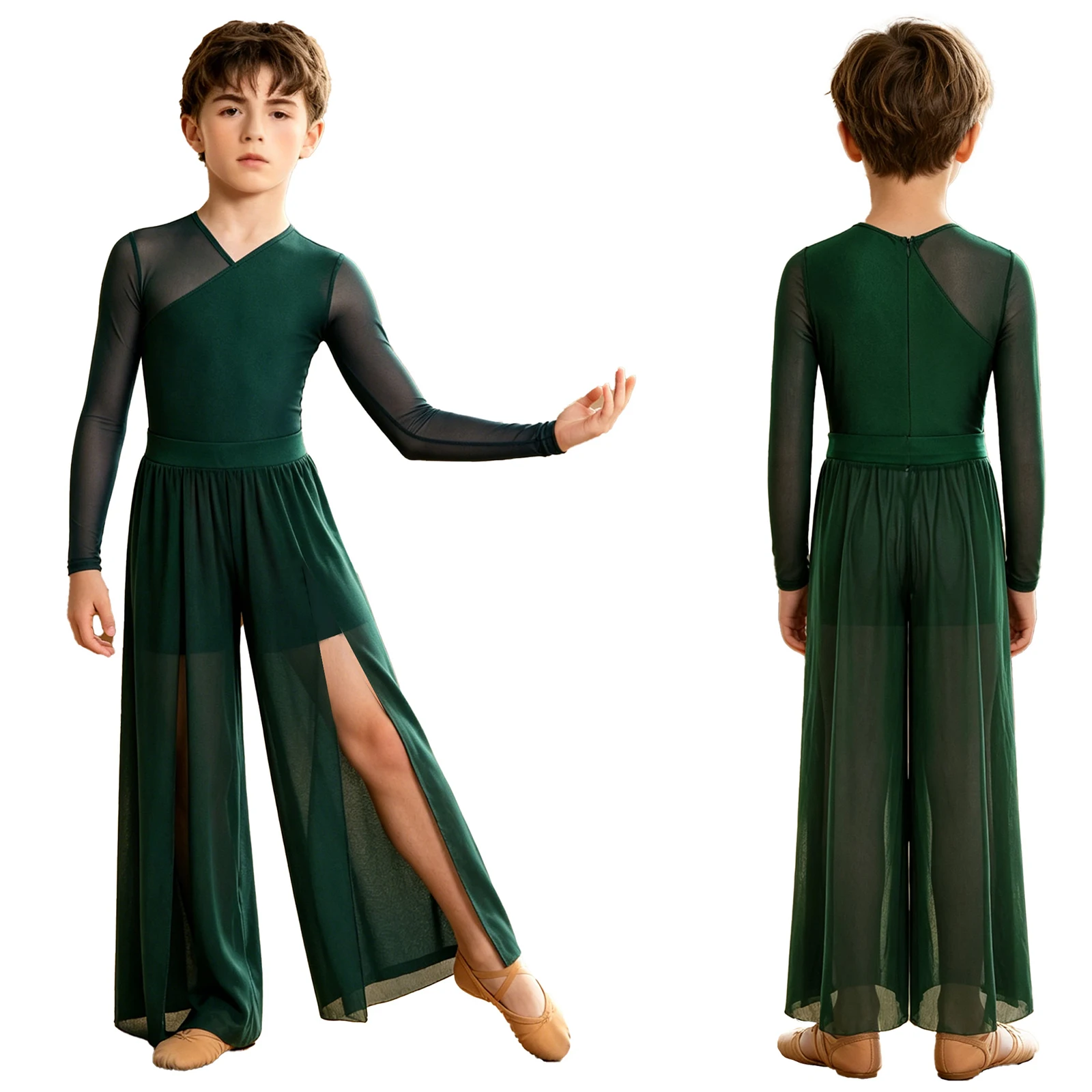 Boys Long Sleeve V Neck Bodysuit with Split Mesh Pants Lyrical Dance Costume Back Zipper Stretchy Breathable for Competition
Boys Long Sleeve V Neck Bodysuit with Split Mesh Pants Lyrical Dance Costume Back Zipper Stretchy Breathable for Competition