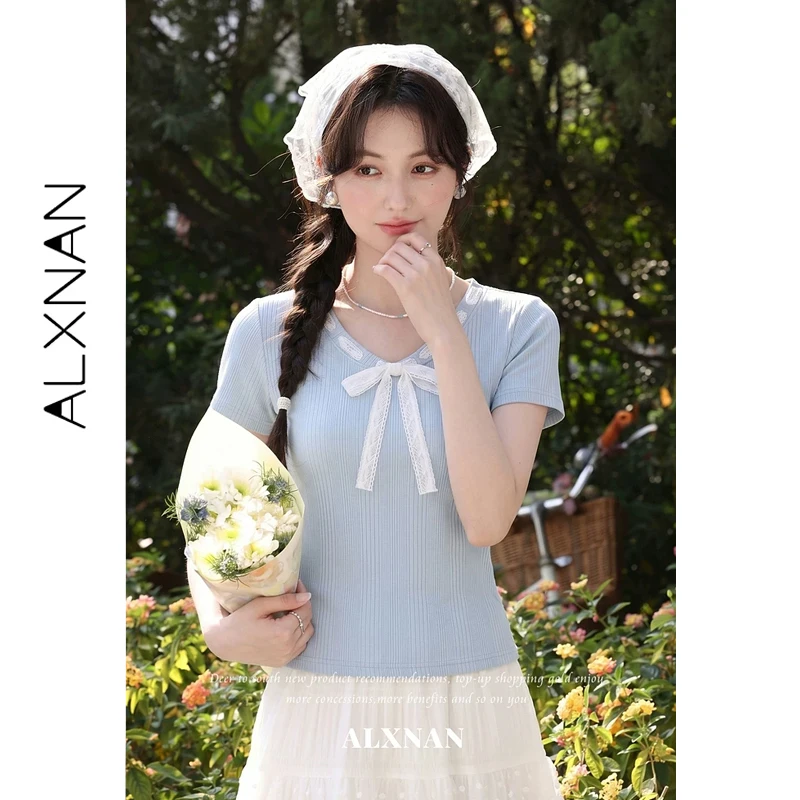 ALXNAN Light Blue T-shirt Women Summer New V-neck Lace Bow Slim Fit Short Sleeve Tops 2026 Casual Basic Ladies T-shirts L65761A
ALXNAN Light Blue T-shirt Women Summer New V-neck Lace Bow Slim Fit Short Sleeve Tops 2026 Casual Basic Ladies T-shirts L65761A