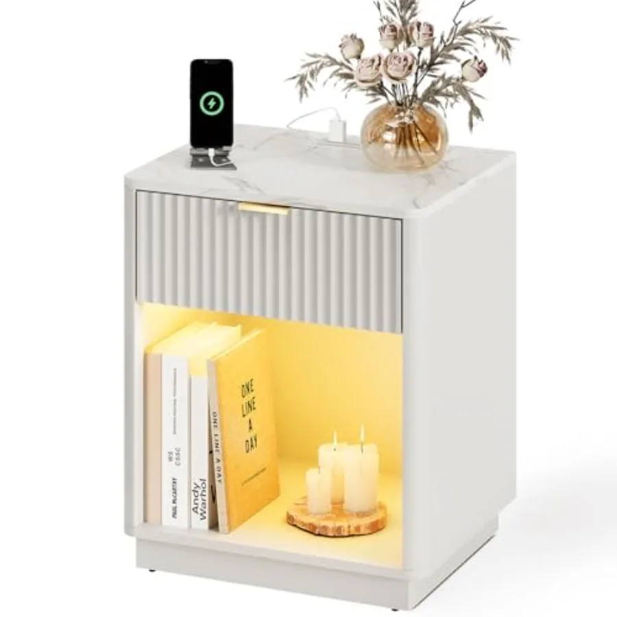 24 Tall Nightstand with Fluted Design White Faux Marble Top Built-in Charging Station Soft LED Light Curved Profile Bedside Tab
24 Tall Nightstand with Fluted Design White Faux Marble Top Built-in Charging Station Soft LED Light Curved Profile Bedside Tab