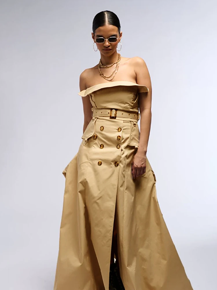 Winter Sexy Strapless Double-Breasted Long Dress With Belt Women Khaki Sleeveless Patchwork Sleeves Draped A-line Dresses Party
Winter Sexy Strapless Double-Breasted Long Dress With Belt Women Khaki Sleeveless Patchwork Sleeves Draped A-line Dresses Party