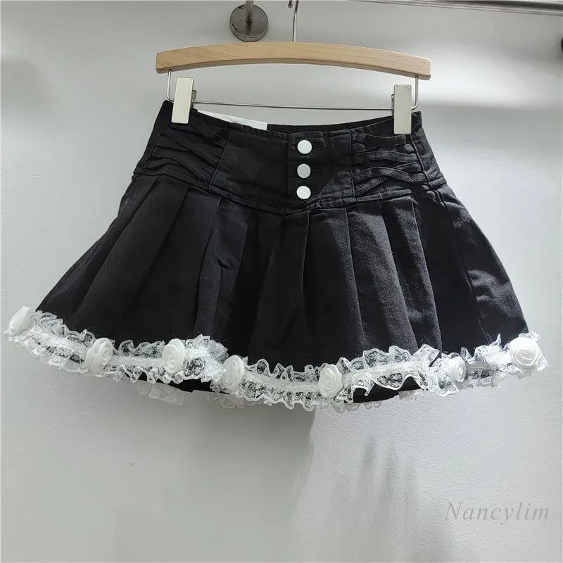 Splicing Lace Denim Skirt Women's 2025 Spring and Summer Fashion Versatile A-shaped Pleated Skirts Black Falda
Splicing Lace Denim Skirt Women's 2025 Spring and Summer Fashion Versatile A-shaped Pleated Skirts Black Falda