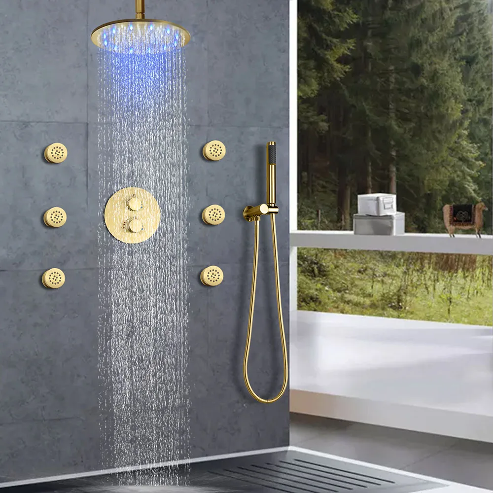 Thermostatic Concealed Shower Set with 10 INCH Ceiling LED Shower Head Body Jets & Handheld Shower 3-Function Brass Mixer Valve
Thermostatic Concealed Shower Set with 10 INCH Ceiling LED Shower Head Body Jets & Handheld Shower 3-Function Brass Mixer Valve