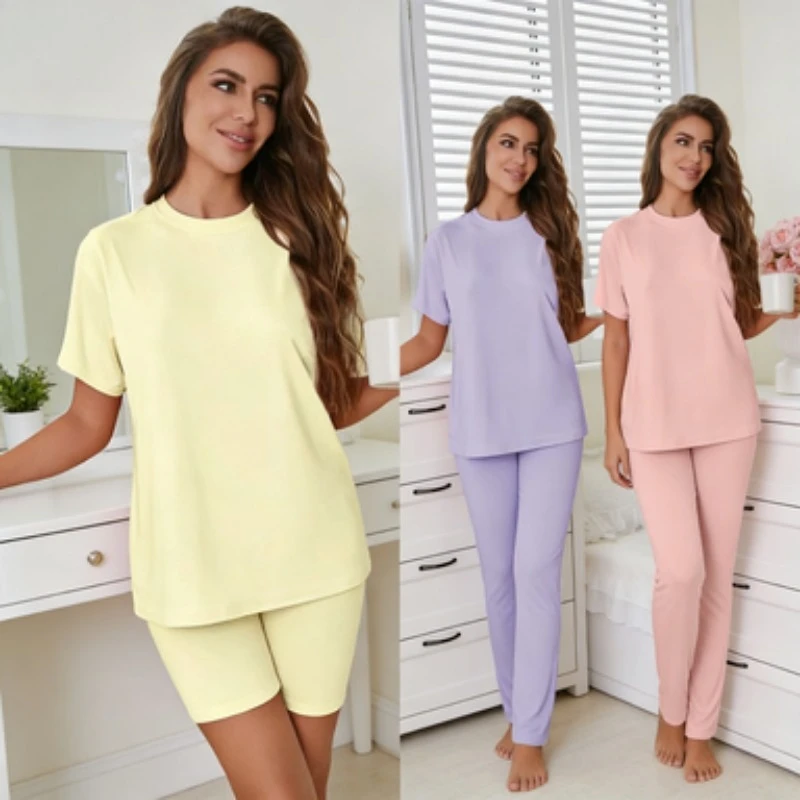 Slim Fit Solid Color Sleepwear for Women, Elastic Round Neck Short Sleeved Shorts, Home Wear with Multiple Colors To Choose From
Slim Fit Solid Color Sleepwear for Women, Elastic Round Neck Short Sleeved Shorts, Home Wear with Multiple Colors To Choose From