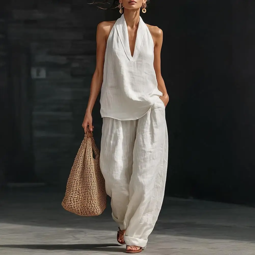 2026 Cotton Linen 2 Piece Set for Women Halter Sleeveless Tank Top And Wide Leg Pant Lounge Sets Casual Vacation Elegant Outfits
2026 Cotton Linen 2 Piece Set for Women Halter Sleeveless Tank Top And Wide Leg Pant Lounge Sets Casual Vacation Elegant Outfits