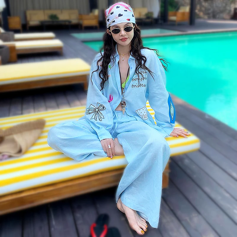 Women Blouse Shirt 2025 Autumn New Light Blue Cartoon Embroidery Asymmetric Streetwear Casual Loose Blouse Shirt SL221
Women Blouse Shirt 2025 Autumn New Light Blue Cartoon Embroidery Asymmetric Streetwear Casual Loose Blouse Shirt SL221