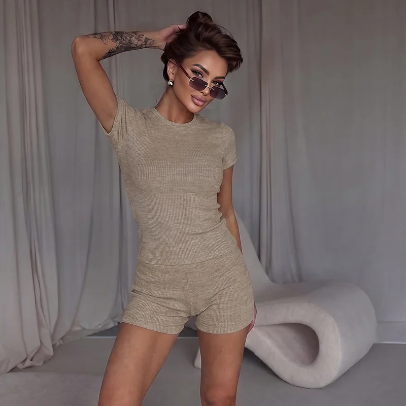 Women Solid Ribbed 2 Piece Set O Neck Short Sleeve T-shirts Tops + Shorts Fashion Casual Streetwear Slim Suits Female Tracksuits
Women Solid Ribbed 2 Piece Set O Neck Short Sleeve T-shirts Tops + Shorts Fashion Casual Streetwear Slim Suits Female Tracksuits