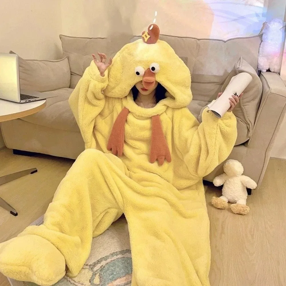 Jumpsuits Cartoon Chicken Pajamas Long Sleeve Home Wear Coral Fleece Nightwear Plush Warm Funny Cute Sleepwear Women Women
Jumpsuits Cartoon Chicken Pajamas Long Sleeve Home Wear Coral Fleece Nightwear Plush Warm Funny Cute Sleepwear Women Women
