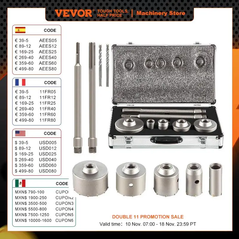 VEVOR 4 in 1 Concrete Hole Saw Kit 8/9PCS 30-100/40-125 mm SDS Plus or SDS Max Shank Cement Drill Bit Wall Hole Opener Tools Set
VEVOR 4 in 1 Concrete Hole Saw Kit 8/9PCS 30-100/40-125 mm SDS Plus or SDS Max Shank Cement Drill Bit Wall Hole Opener Tools Set