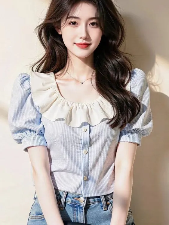 Unique Bubble Sve Stripe ort Sve irt Women's Faion Design Spring Summer New Sle Gathered Hem Straight Cut Blouse
Unique Bubble Sve Stripe ort Sve irt Women's Faion Design Spring Summer New Sle Gathered Hem Straight Cut Blouse