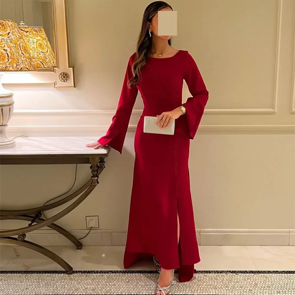 Red Evening Dress Scoop Neck Long Sleeves Mermaid Evening Gonws Ankle Length Slit Formal Party Dresses Robe De Soiree Customized
Red Evening Dress Scoop Neck Long Sleeves Mermaid Evening Gonws Ankle Length Slit Formal Party Dresses Robe De Soiree Customized