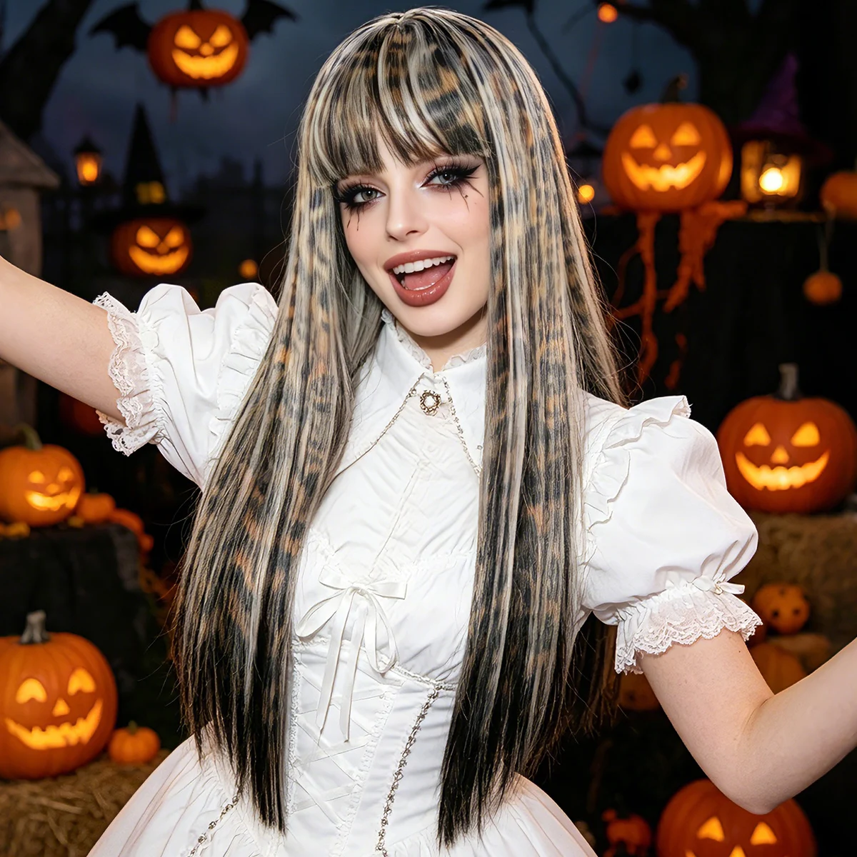Leopard Ombre White Long Straight Synthetic Wig Bangs Punk Street Women Halloween Club Cosplay Party Costume Hairpiece
Leopard Ombre White Long Straight Synthetic Wig Bangs Punk Street Women Halloween Club Cosplay Party Costume Hairpiece