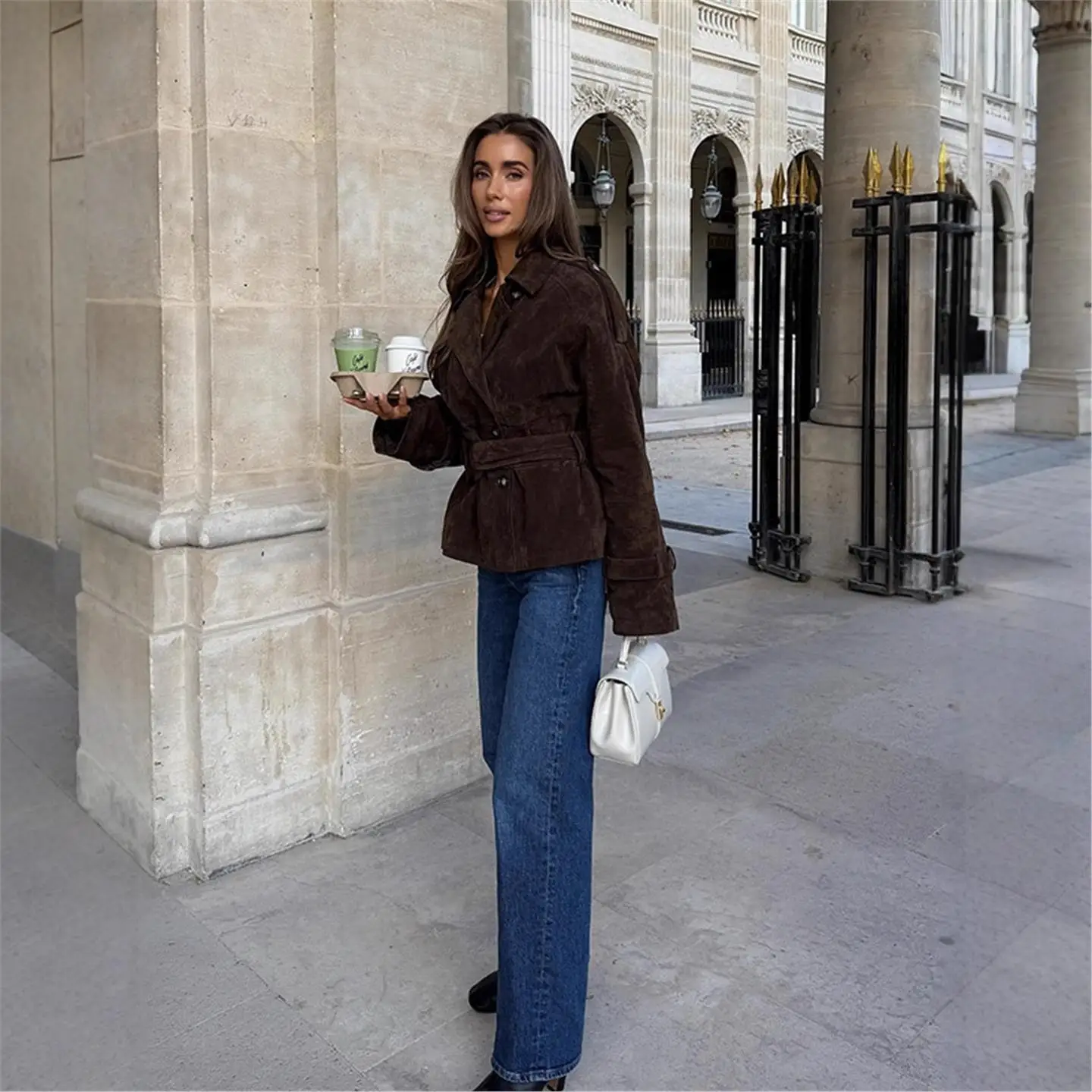 Fall Vintage Brown Suede Jaet with Collar Tie Women's ort Outerwear European Sle Waist-Cinching Other Fabric Mixed
Fall Vintage Brown Suede Jaet with Collar Tie Women's ort Outerwear European Sle Waist-Cinching Other Fabric Mixed