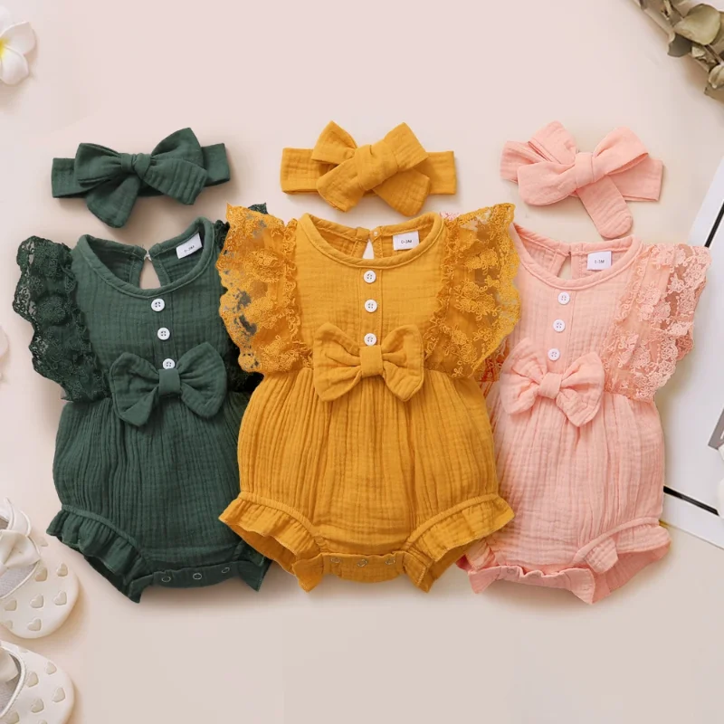 0-18 Months Old Newborn Solid Color Sleeveless Round Neck Lace Edge Bow Romper+Headband Baby Girl Summer New Casual Jumpsuit
0-18 Months Old Newborn Solid Color Sleeveless Round Neck Lace Edge Bow Romper+Headband Baby Girl Summer New Casual Jumpsuit