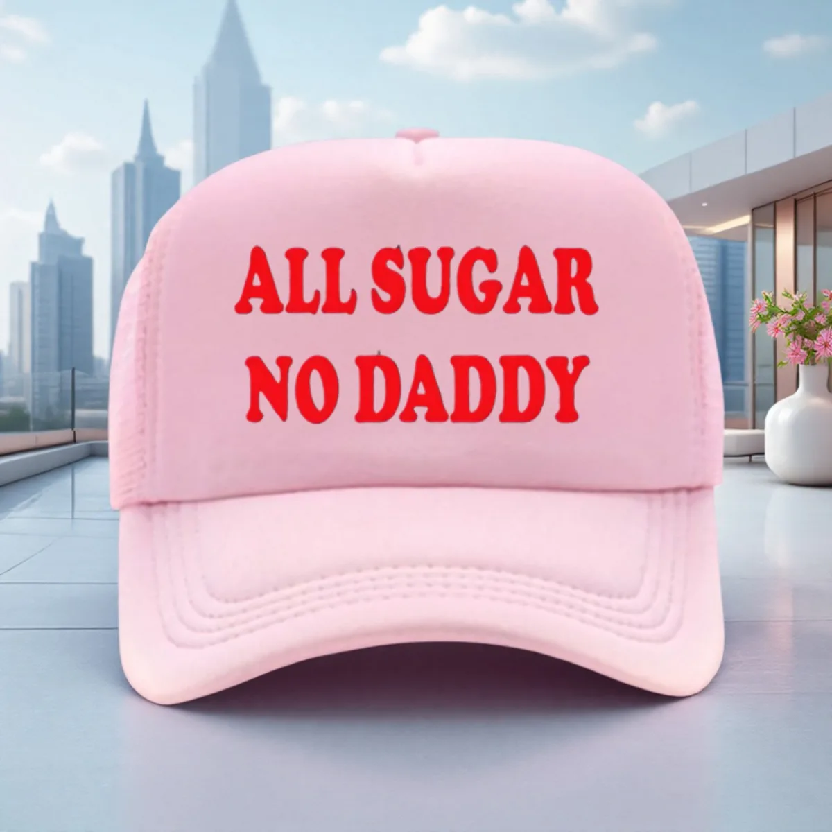 1pc Adjustable Unisex Trucker Hat - White with Bold Red "ALL SUGAR NO DADDY" Print, Durable Textile Material for Outdoor
1pc Adjustable Unisex Trucker Hat - White with Bold Red "ALL SUGAR NO DADDY" Print, Durable Textile Material for Outdoor