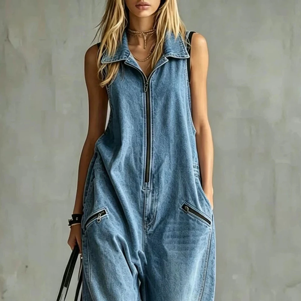 Women's Casual Streetwear Sleeveless Denim Jumpsuit Washed Vintage Collared Zip Front Loose Fit Overalls Summer Chic Jumpsuits
Women's Casual Streetwear Sleeveless Denim Jumpsuit Washed Vintage Collared Zip Front Loose Fit Overalls Summer Chic Jumpsuits