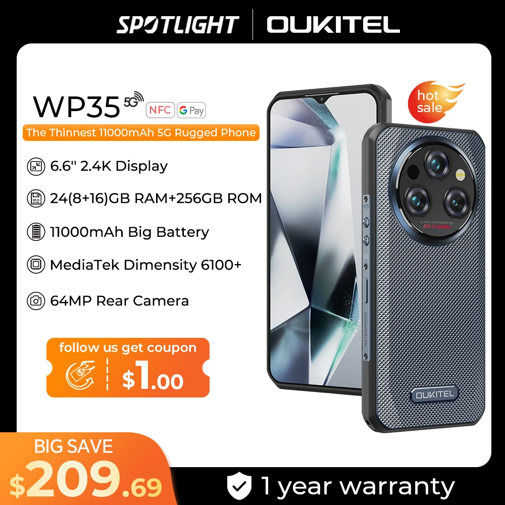 Oukitel WP35 5G 11000mAh Rugged Smartphone 24GB+256GB Mobile Phone Android 14 64 MP NFC Cell Phone
Oukitel WP35 5G 11000mAh Rugged Smartphone 24GB+256GB Mobile Phone Android 14 64 MP NFC Cell Phone
