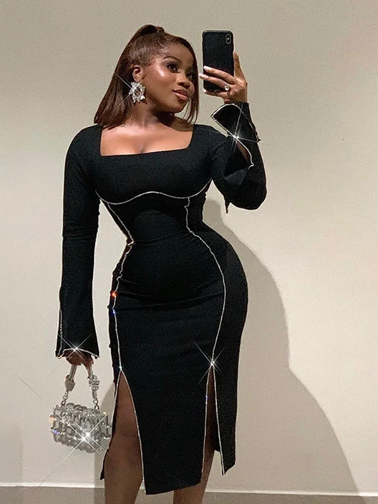 Sexy Square Neck Flare Sleeve Diamond Bandage Dress Women Black Long Sleeve Split Bodycon Midi Dresses Evening Party Gowns
Sexy Square Neck Flare Sleeve Diamond Bandage Dress Women Black Long Sleeve Split Bodycon Midi Dresses Evening Party Gowns