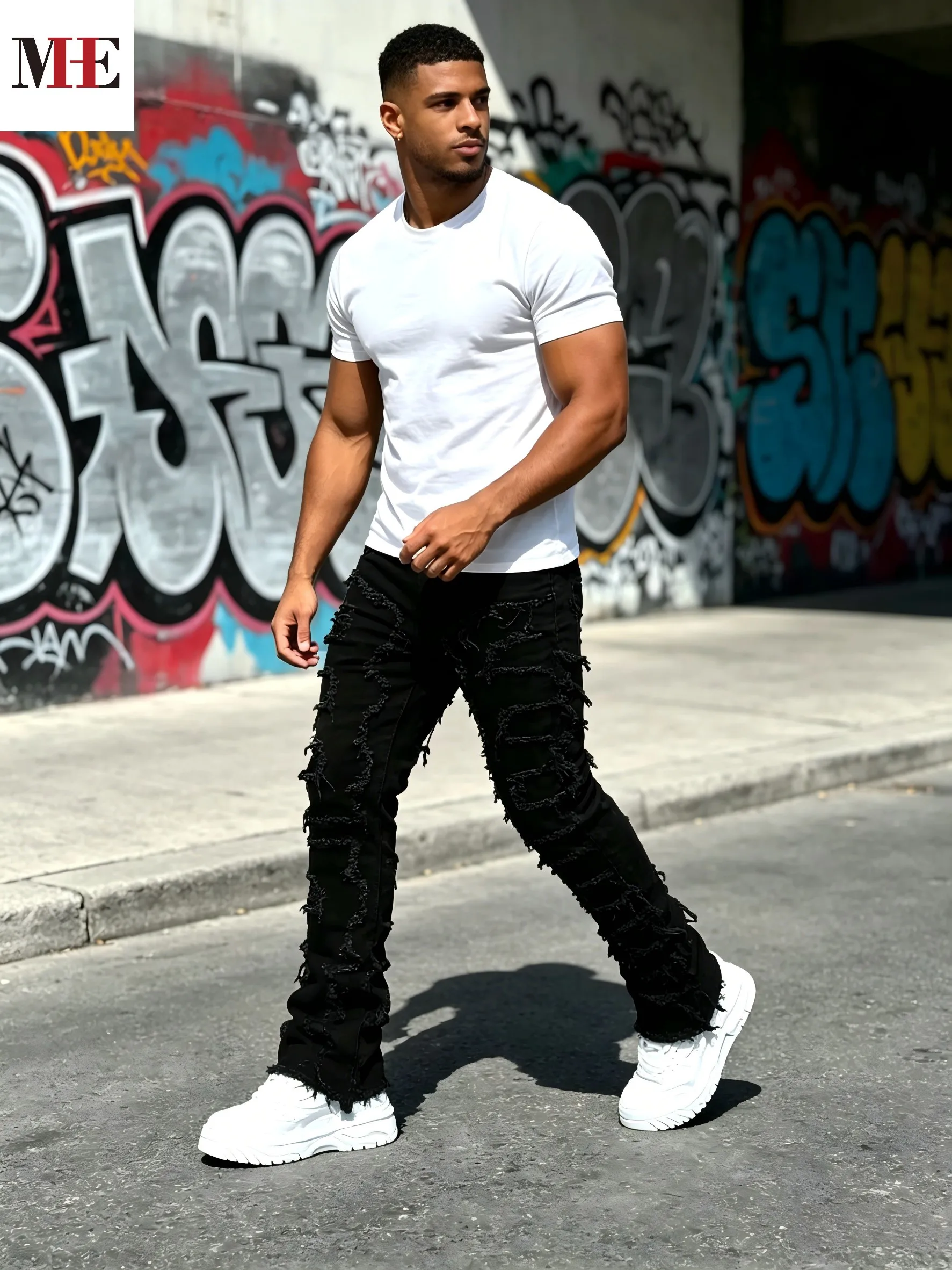 HME Men's Frayed Denim Pants, Black Stacked Slim Jeans for Hip-Hop & Dark Street Style
HME Men's Frayed Denim Pants, Black Stacked Slim Jeans for Hip-Hop & Dark Street Style
