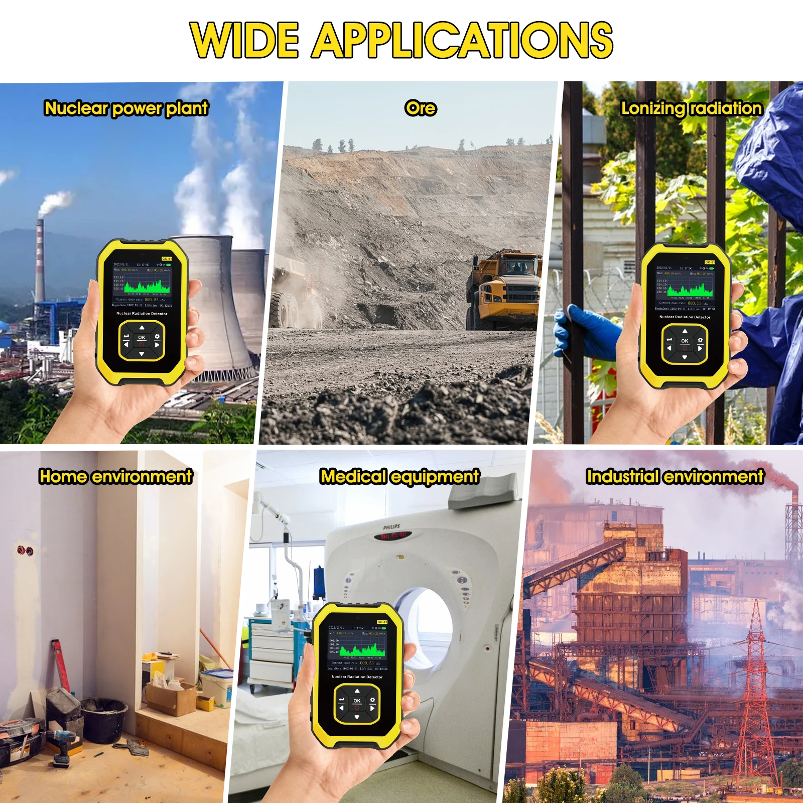 Nuclear Radiation Detector Geiger Counter β γ X Rays 0-10000μSv/h 5 Units Sound Light Vibration Alarm 1100mAh for Safety
Nuclear Radiation Detector Geiger Counter β γ X Rays 0-10000μSv/h 5 Units Sound Light Vibration Alarm 1100mAh for Safety