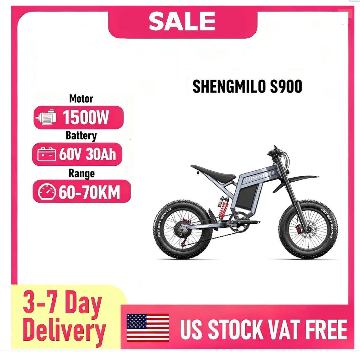 SHENGMILO S900 20" All-Terrain Electric Bike 1500W Motor 60V 30Ah Battery
SHENGMILO S900 20" All-Terrain Electric Bike 1500W Motor 60V 30Ah Battery