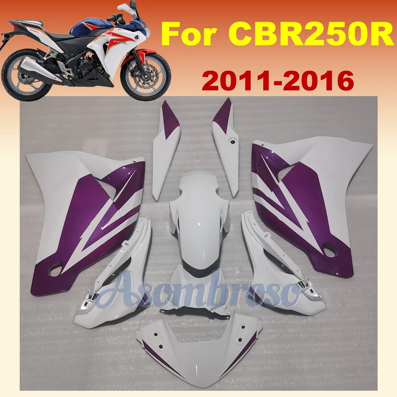 For CBR250R 2011 2012 2013 Motorcycle Fairing Kits CBR 250 R 2014 2015 2016 CBR 250R Purple White Print Bodywork Set
For CBR250R 2011 2012 2013 Motorcycle Fairing Kits CBR 250 R 2014 2015 2016 CBR 250R Purple White Print Bodywork Set