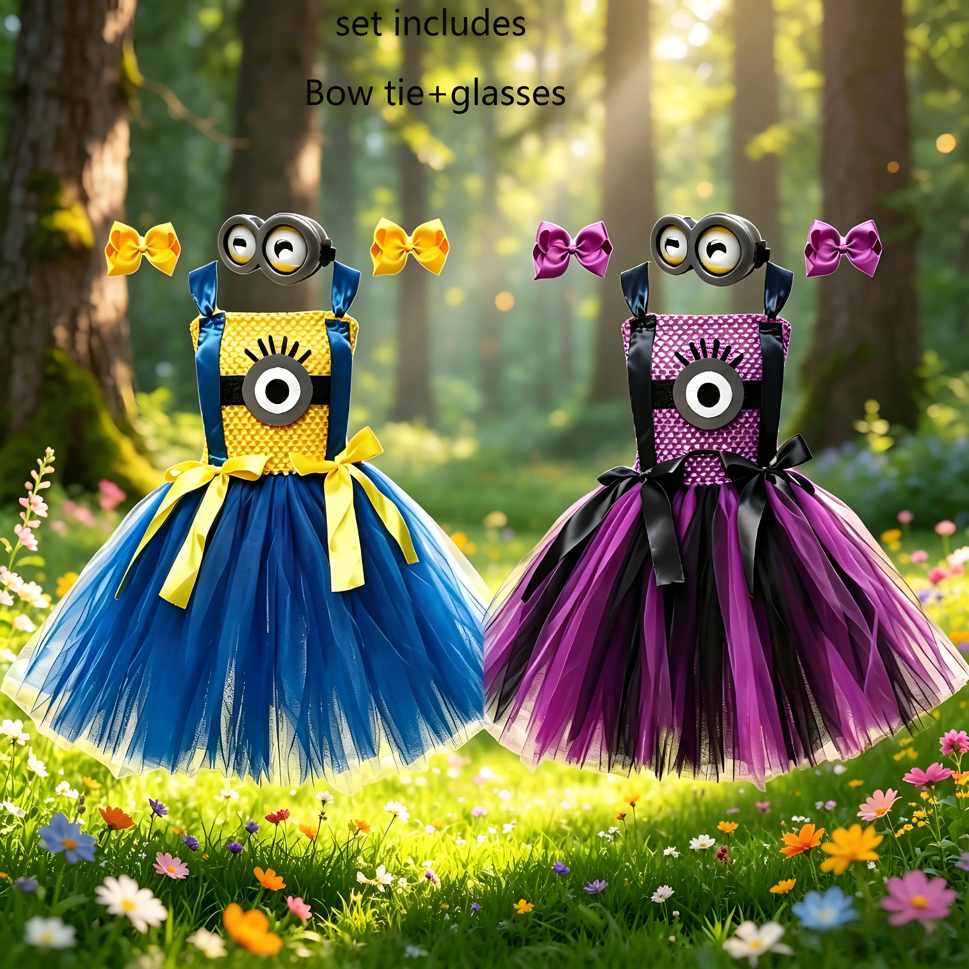 Cute and silly cartoon characters wearing yellow and purple performance costumes for Halloween parties, fluffy skirts, and perf
Cute and silly cartoon characters wearing yellow and purple performance costumes for Halloween parties, fluffy skirts, and perf