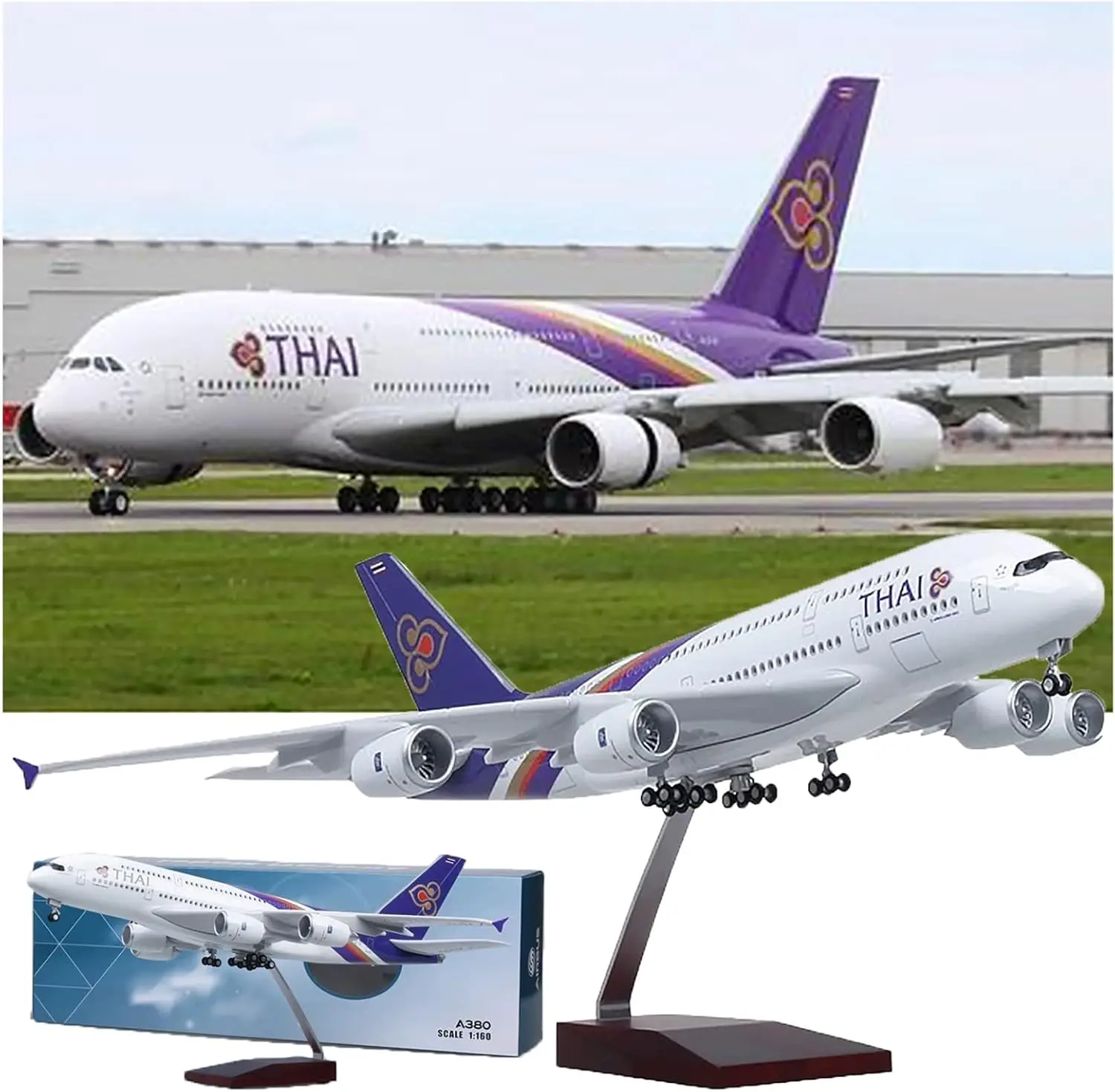 1/160 Scale Plane A380 Thai Airways 47cm Airplane Model Resin Diecast With Wheels And Lights Assemble Gift Adults Toy Decoration
1/160 Scale Plane A380 Thai Airways 47cm Airplane Model Resin Diecast With Wheels And Lights Assemble Gift Adults Toy Decoration
