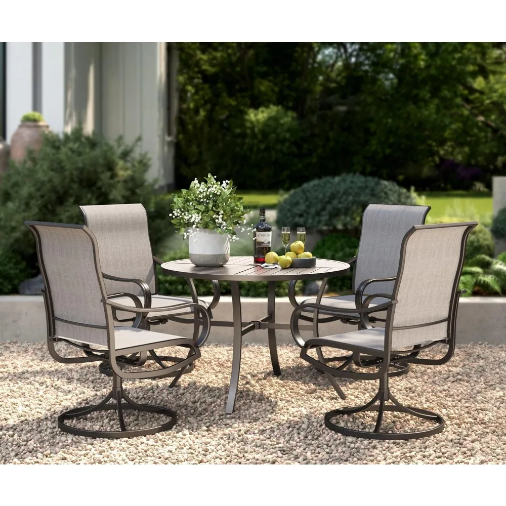 5 Piece Outdoor Patio Dining Set with 4 Swivel Dining Chairs & 1 Large Round Dining Table, Gray Textilene Mesh, Customized
5 Piece Outdoor Patio Dining Set with 4 Swivel Dining Chairs & 1 Large Round Dining Table, Gray Textilene Mesh, Customized