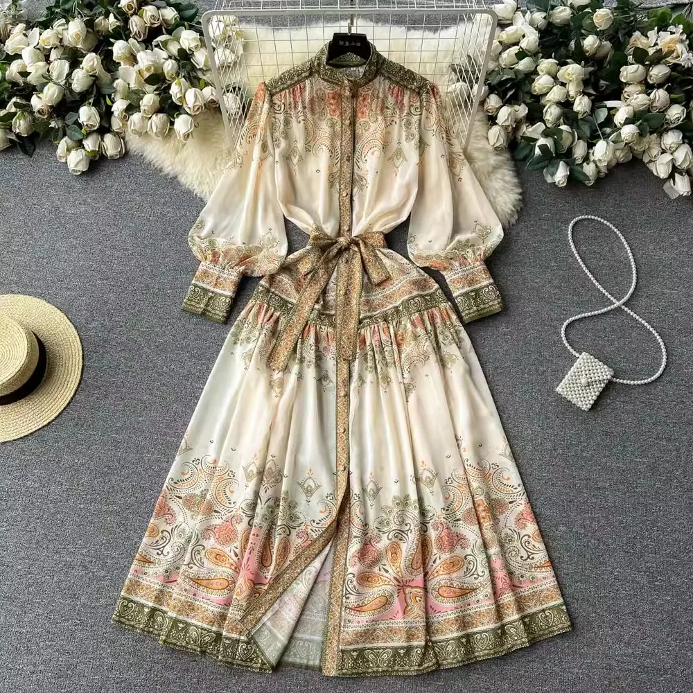 New Spring Summer Vintage Stand Collar Long Lantern Sleeve Chiffon Dress Women's Flower Print Belt Loose A-Line Maxi Vestidos
New Spring Summer Vintage Stand Collar Long Lantern Sleeve Chiffon Dress Women's Flower Print Belt Loose A-Line Maxi Vestidos