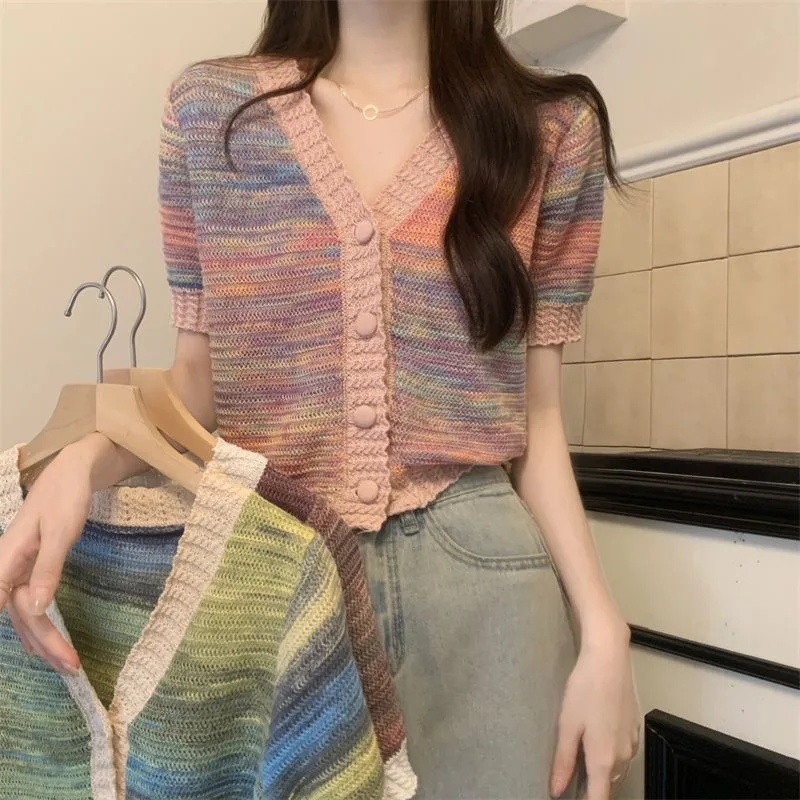 New Summer Thin Knitted V-Neck Cardigan Women's Fashion Short Sleeve Tie-Dye Slim Fit Outerwear Versatile Asymmetrical Top
New Summer Thin Knitted V-Neck Cardigan Women's Fashion Short Sleeve Tie-Dye Slim Fit Outerwear Versatile Asymmetrical Top