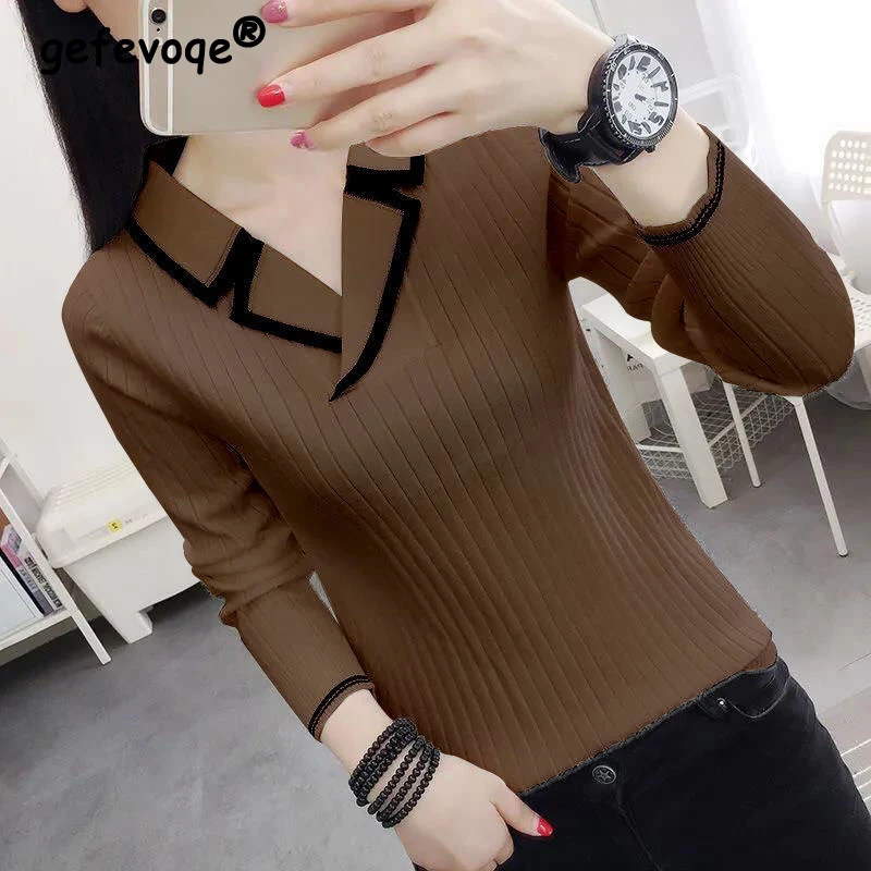 Women's Korean Elegant V-neck Slim Contrast Color Knitted Sweaters Autumn Winter Long Sleeve Pullovers Basic Ladies Tops Jumpers
Women's Korean Elegant V-neck Slim Contrast Color Knitted Sweaters Autumn Winter Long Sleeve Pullovers Basic Ladies Tops Jumpers