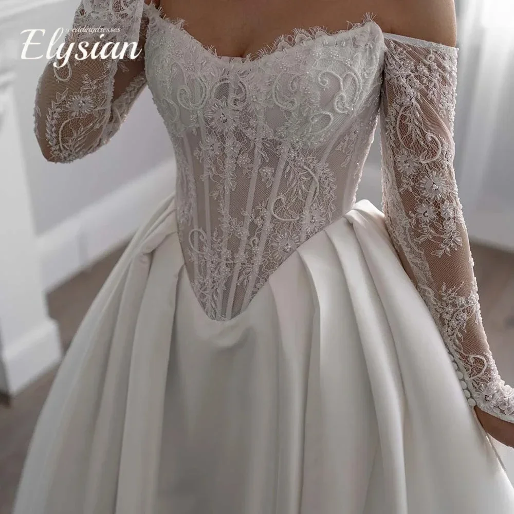 Customized Vintage WeddingDresses With Lace Robe Satin Full Sleeve Strapless Slit A Line Vestidos De Novia
Customized Vintage WeddingDresses With Lace Robe Satin Full Sleeve Strapless Slit A Line Vestidos De Novia