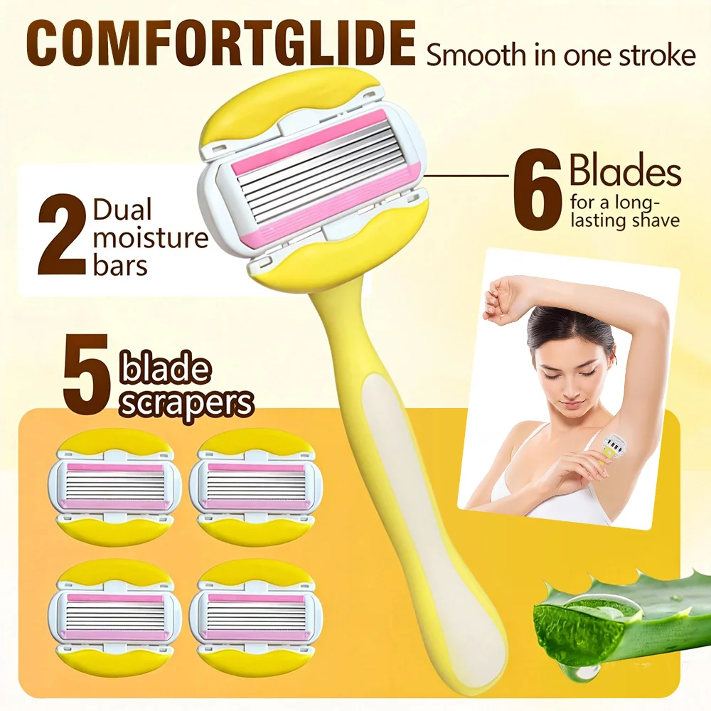 Women's 6-Blade Razor with Aloe Vera Moisturizing Hair Removal Shaver Smooth Painless Shaver for Face Arms Legs Hands Underarms
Women's 6-Blade Razor with Aloe Vera Moisturizing Hair Removal Shaver Smooth Painless Shaver for Face Arms Legs Hands Underarms