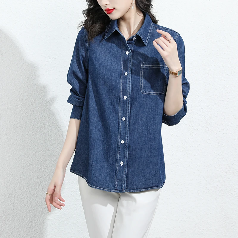 Women Blouse Spring Autumn Casual Shirts Mid-length Long Sleeve Denim Single pocket Tops Casual Women Shirt Blusa Mujer
Women Blouse Spring Autumn Casual Shirts Mid-length Long Sleeve Denim Single pocket Tops Casual Women Shirt Blusa Mujer