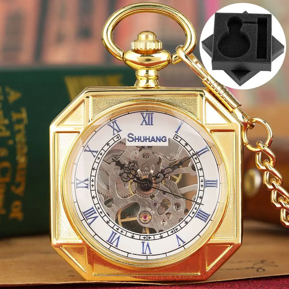 Квадратные механические карманные часы с ручным заводом, синие римские цифры, циферблат, прозрачное стекло, золотой брелок, цепочка, кулон, часы, подарок для мужчин
Квадратные механические карманные часы с ручным заводом, синие римские цифры, циферблат, прозрачное стекло, золотой брелок, цепочка, кулон, часы, подарок для мужчин