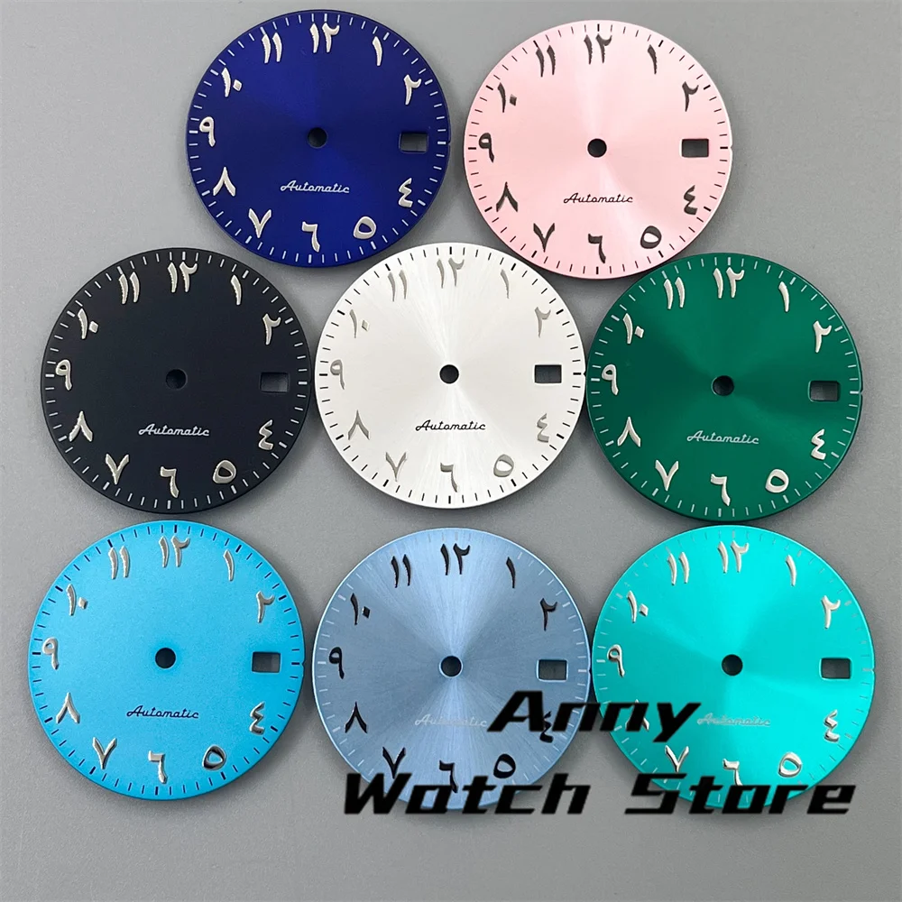 29mm Watch Dial White Black Blue Green Pink Dial Silver/Black Arabic Numerals Index Fit NH35 NH36 Movement
29mm Watch Dial White Black Blue Green Pink Dial Silver/Black Arabic Numerals Index Fit NH35 NH36 Movement