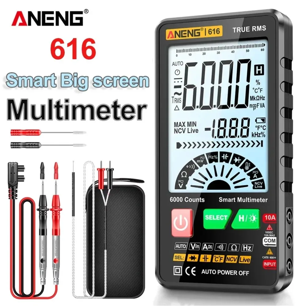 ANENG Professional Multimeter Digital electric tester 6000 Counts 616 AC Voltage Current Meter Capacitance Resistance NCV Tools
ANENG Professional Multimeter Digital electric tester 6000 Counts 616 AC Voltage Current Meter Capacitance Resistance NCV Tools