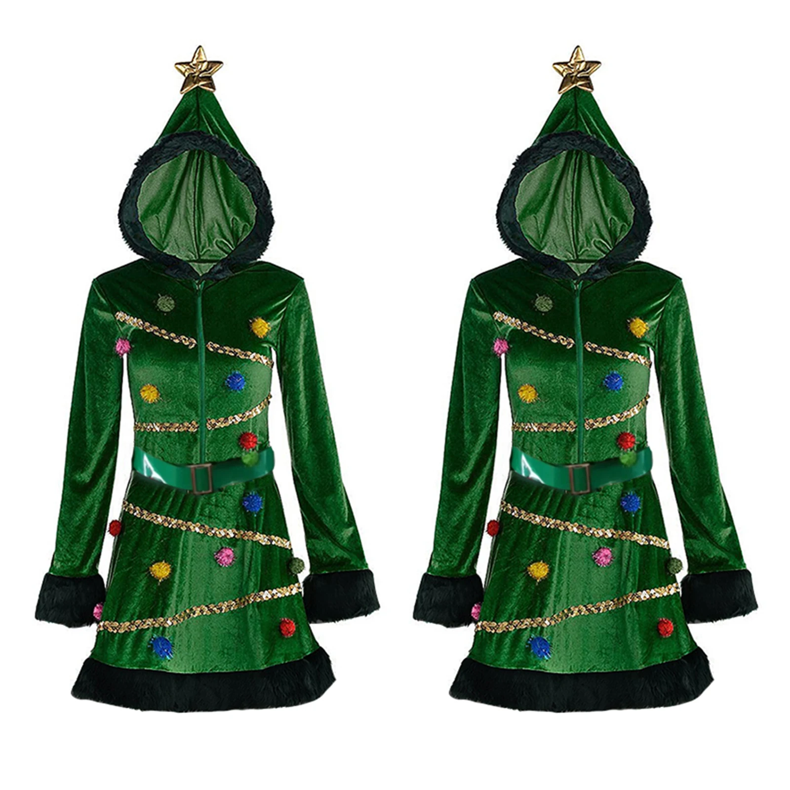 Women Green Christmas Tree Velvet Dres Warm Hooded Sequin Fancy Dress with Belt Pom-pom Party Xmas Cosplay Costumes
Women Green Christmas Tree Velvet Dres Warm Hooded Sequin Fancy Dress with Belt Pom-pom Party Xmas Cosplay Costumes