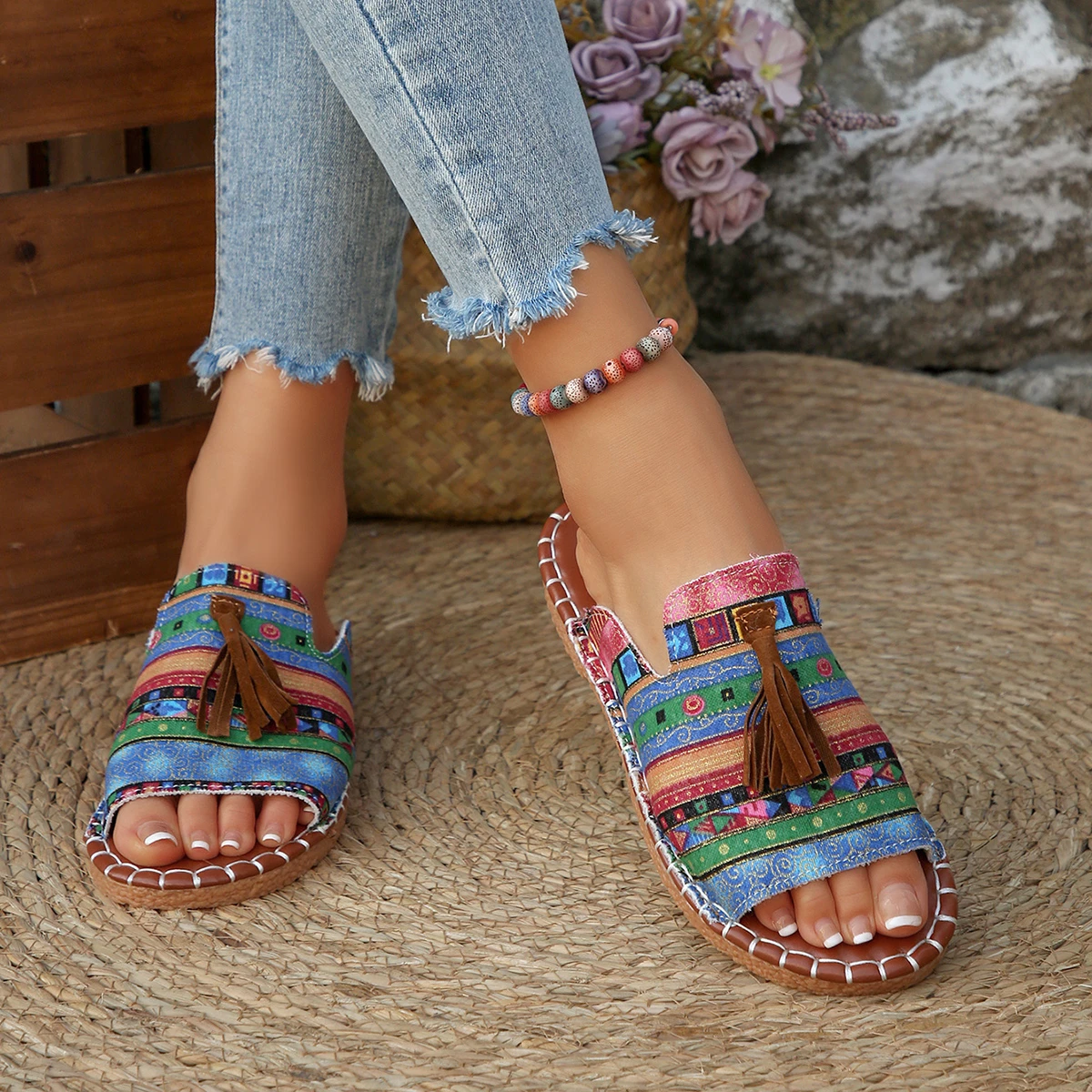 Comfortable Open Toe Slides for Women, Tribal Pattern with Tassel, Boho Casual Footwear 20 Sd39b6d129d2442ef965b5169ad6b7fb0z