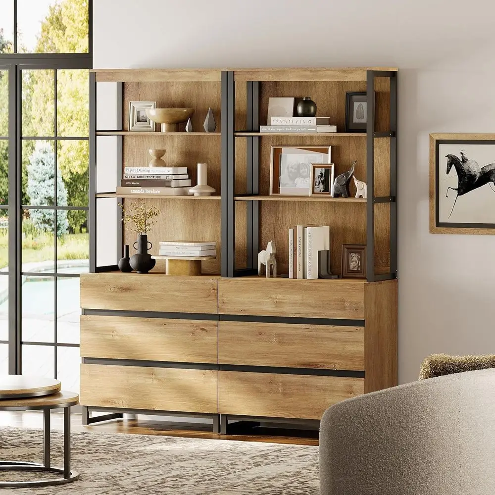 72 Tall Oak Bookshelf with 6 Shelves, Storage Cabinet, and Metal Base for Home or Office
72 Tall Oak Bookshelf with 6 Shelves, Storage Cabinet, and Metal Base for Home or Office