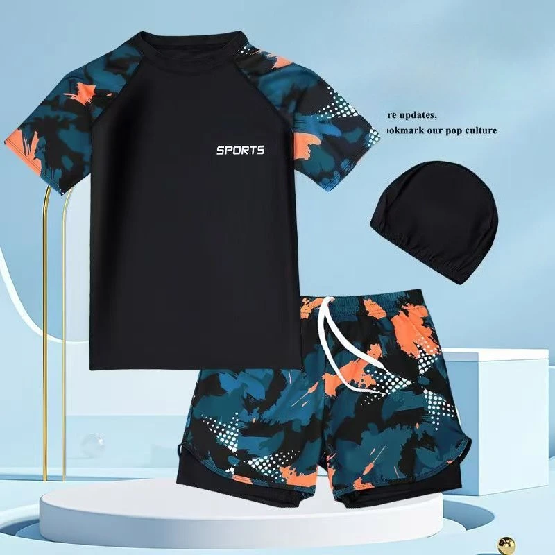 Youth Swimsuit Camouflage Ragged Short Sleeve Anti-Embarrassment Shorts with Swimming Cap Boys Quick-Drying Split Swimwear
Youth Swimsuit Camouflage Ragged Short Sleeve Anti-Embarrassment Shorts with Swimming Cap Boys Quick-Drying Split Swimwear