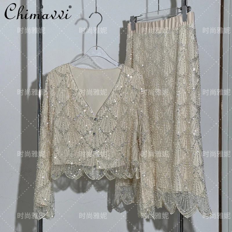 Fashion New Fashion Long-sleeved Sequined Pearl Bead Cardigan Women's Top High-waisted Skirt 2-piece 2025 Spring New Skirt Sets
Fashion New Fashion Long-sleeved Sequined Pearl Bead Cardigan Women's Top High-waisted Skirt 2-piece 2025 Spring New Skirt Sets