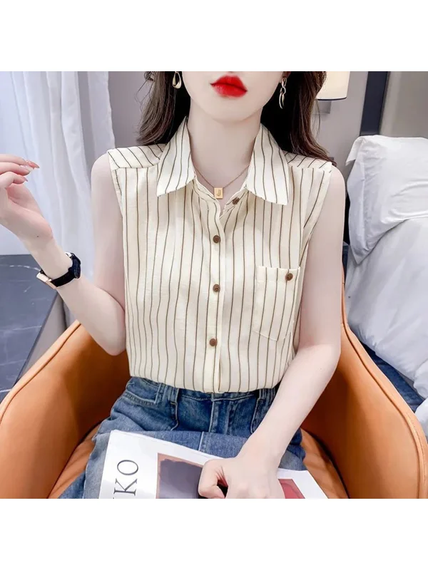 Women's Summer New Short Sleeve Chiffon Shirt Sleeveless Base Layer Stripe Design Straight Cut Polyester Fiber Original Design
Women's Summer New Short Sleeve Chiffon Shirt Sleeveless Base Layer Stripe Design Straight Cut Polyester Fiber Original Design