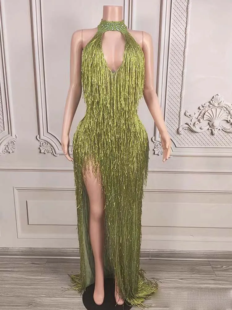 High Quality Rhinestone Tassel Sexy High Slit Dress 2025 New Fashion Custom Women'S Clothing
High Quality Rhinestone Tassel Sexy High Slit Dress 2025 New Fashion Custom Women'S Clothing