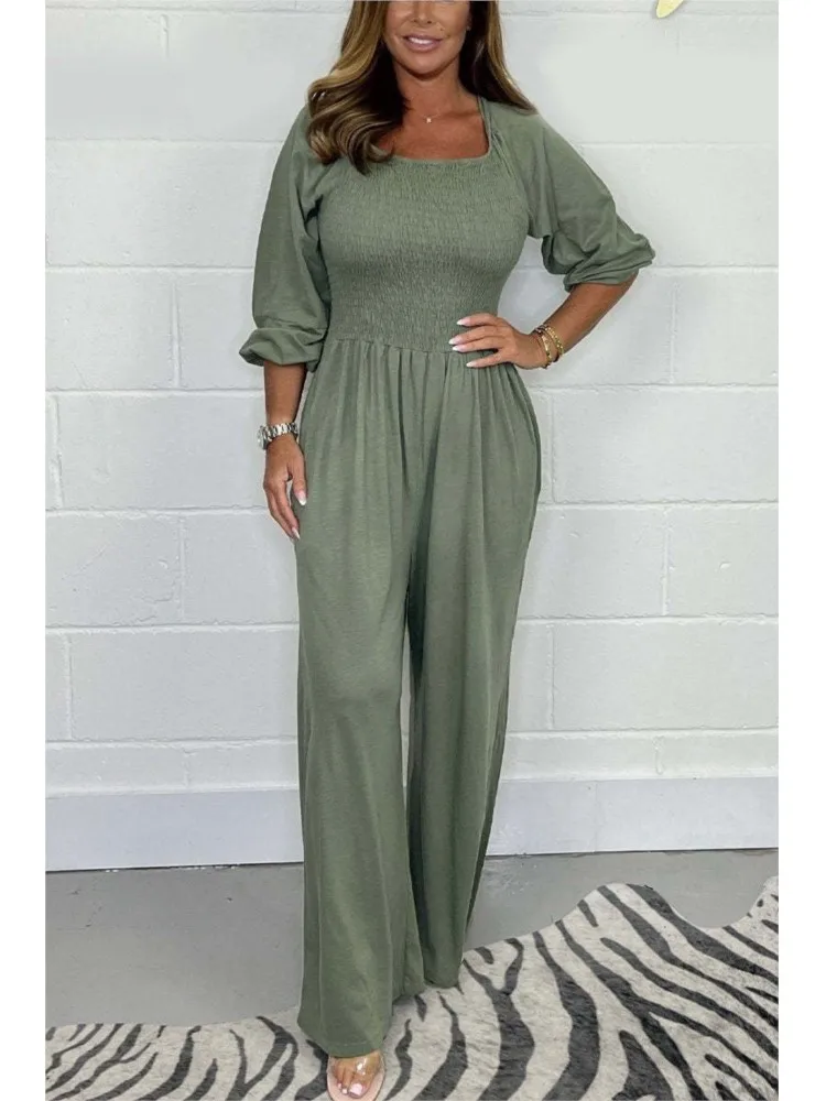 Fashion Solid Color Women Jumpsuit Spring Autumn Elegant Ladies Square Neck Three-quarter Sleeves Elastic Waist Wide Leg Rompers
Fashion Solid Color Women Jumpsuit Spring Autumn Elegant Ladies Square Neck Three-quarter Sleeves Elastic Waist Wide Leg Rompers