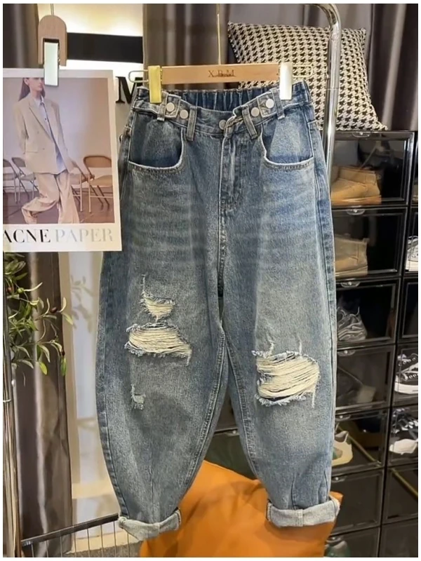 Large Size 300 Pou Waed out Jeans Men Women Summer Thin Dad Sle 9 Split Hole Small Foot Old Dad Harem Pants
Large Size 300 Pou Waed out Jeans Men Women Summer Thin Dad Sle 9 Split Hole Small Foot Old Dad Harem Pants