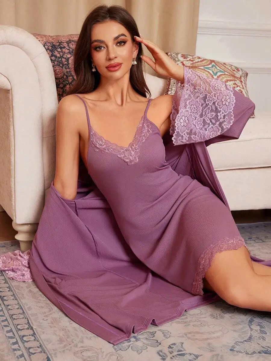 Women Solid Color Lace Trim Sleeveless Dress With Long Sleeve Cardigan Pajama Set
Women Solid Color Lace Trim Sleeveless Dress With Long Sleeve Cardigan Pajama Set