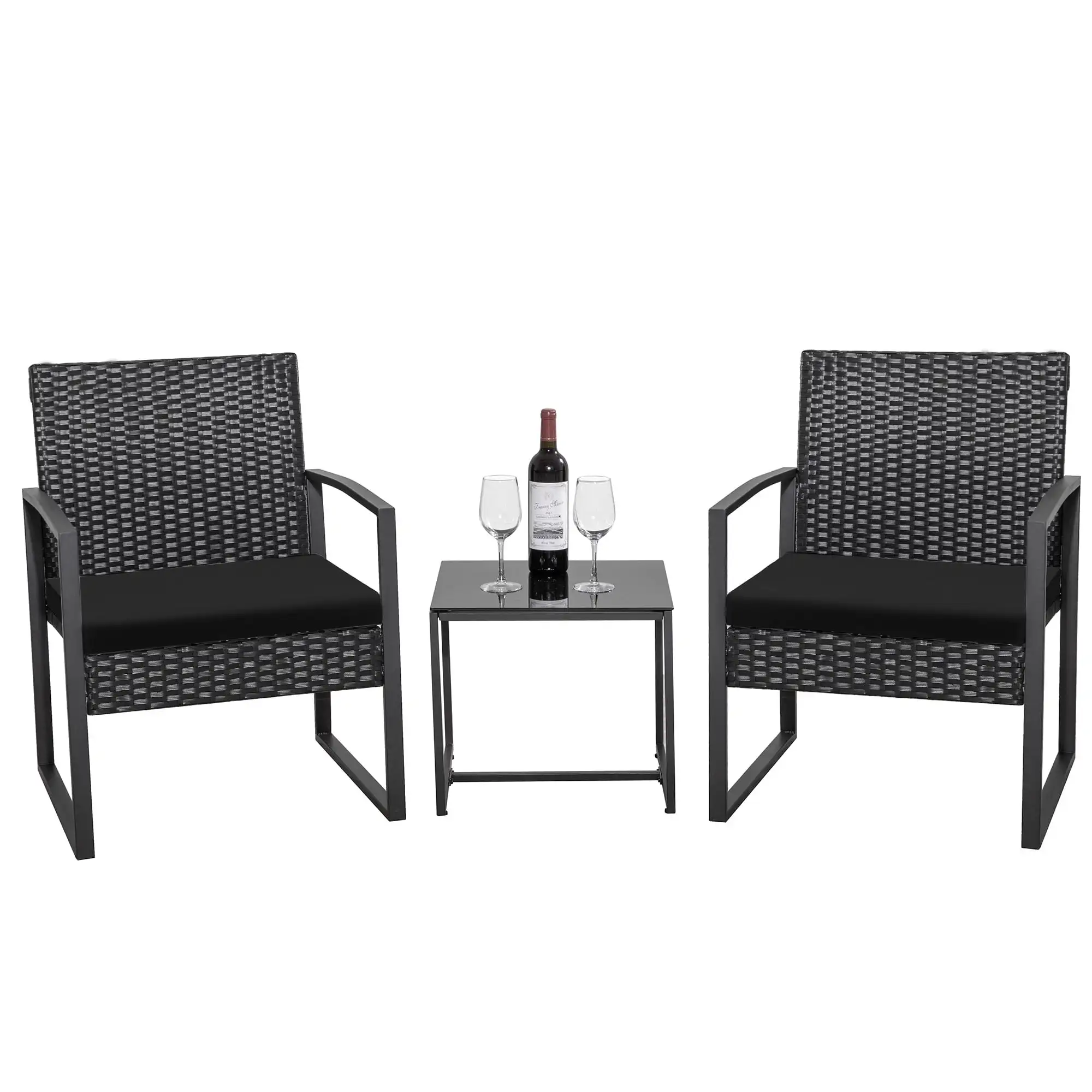 3-Piece Patio Bistro Set, PE Rattan Chairs with Glass Top Table, Comfortable Cushions for Indoor & Outdoor Relaxation
3-Piece Patio Bistro Set, PE Rattan Chairs with Glass Top Table, Comfortable Cushions for Indoor & Outdoor Relaxation