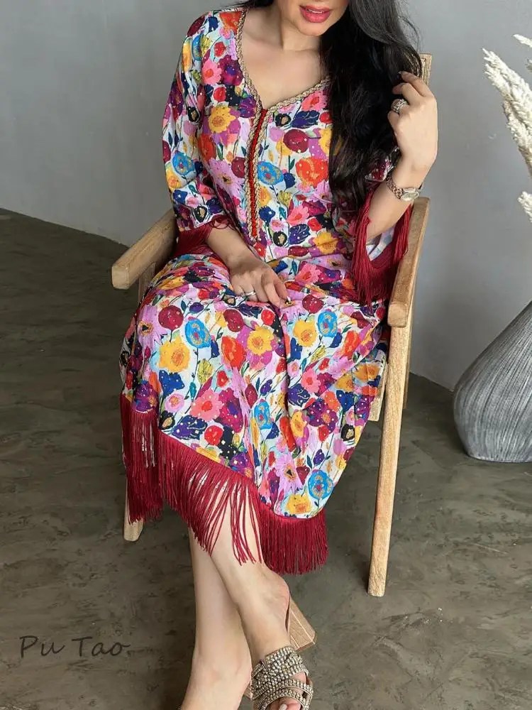 Eid Arab Muslim Floral Print Party Dress for Women Abaya Tassel Jalabiya Long Dresses Morocco Kaftan Vestidos Dubai Ramadan Gown
Eid Arab Muslim Floral Print Party Dress for Women Abaya Tassel Jalabiya Long Dresses Morocco Kaftan Vestidos Dubai Ramadan Gown